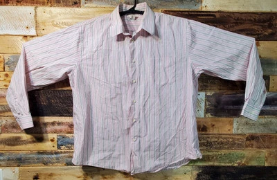 Camisa informal de vestir de manga larga Merona para hombre XXL rosa gris blanco azul a rayas Foto 1 de 4