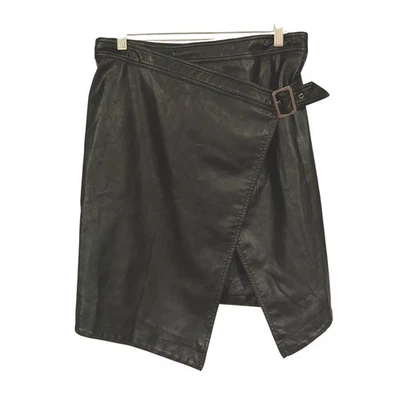 H&M Black Faux Leather Wrap Skirt Buckle Belted Asymmetrical Midi - Image 1 of 4