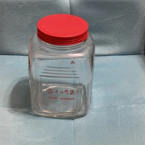 Vintage Kitchen Hoosier Cabinet Art Deco Ribbed Glass Canister Jar Red Lid - Picture 1 of 7