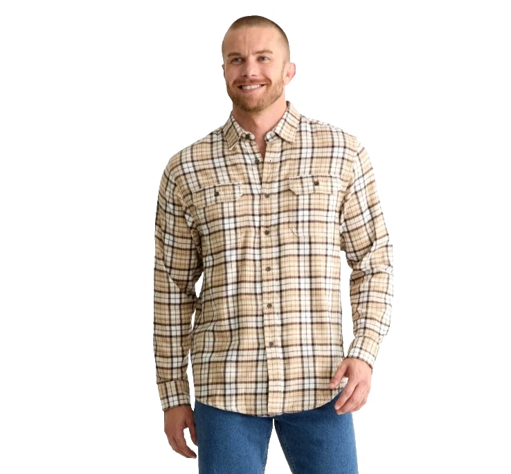 GEORGE Men sz L 42-44 Olive Oak Plaid Flannel LS Button Down Front Shirt
