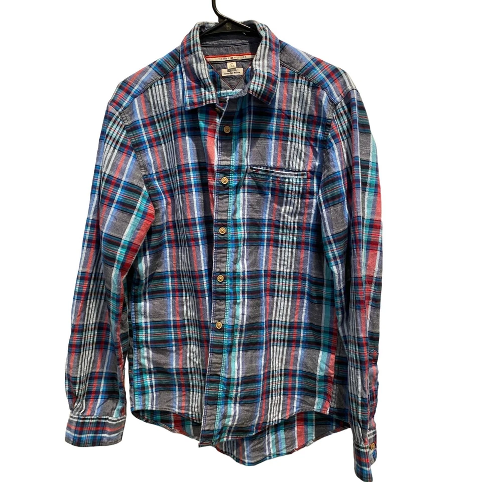 Camisa grande flanela Tommy Hilfiger, manga longa, azul água vermelho preto, algodão - Imagem 1 de 4