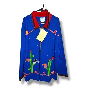 Quacker Factory 3X Blue Cardigan Sweater With Cactus & Cowboy Boot Design For Wo - Picture 1 of 9