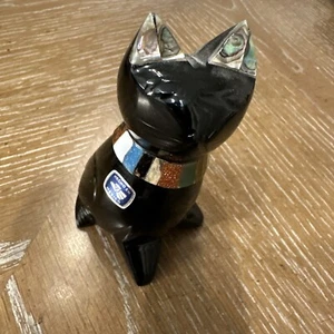 Estatuilla de gato egipcio con cuello de abulón de vidrio obsidiana vintage de 6". Hecho En México - Imagen 1 de 13