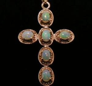 P009- Lovely Genuine 9K SOLID Rose Gold NATURAL OPAL Cross Pendant - Picture 1 of 4