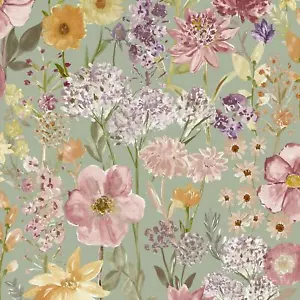 Papel pintado floral de flor silvestre Grandeco rosa verde amarillo flor natural - Imagen 1 de 7