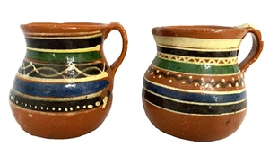 Mexican Terracotta Pitcher Lot of 2 Hand Painted Handle Blue Stripe VTG 3.5" H - Picture 1 of 10