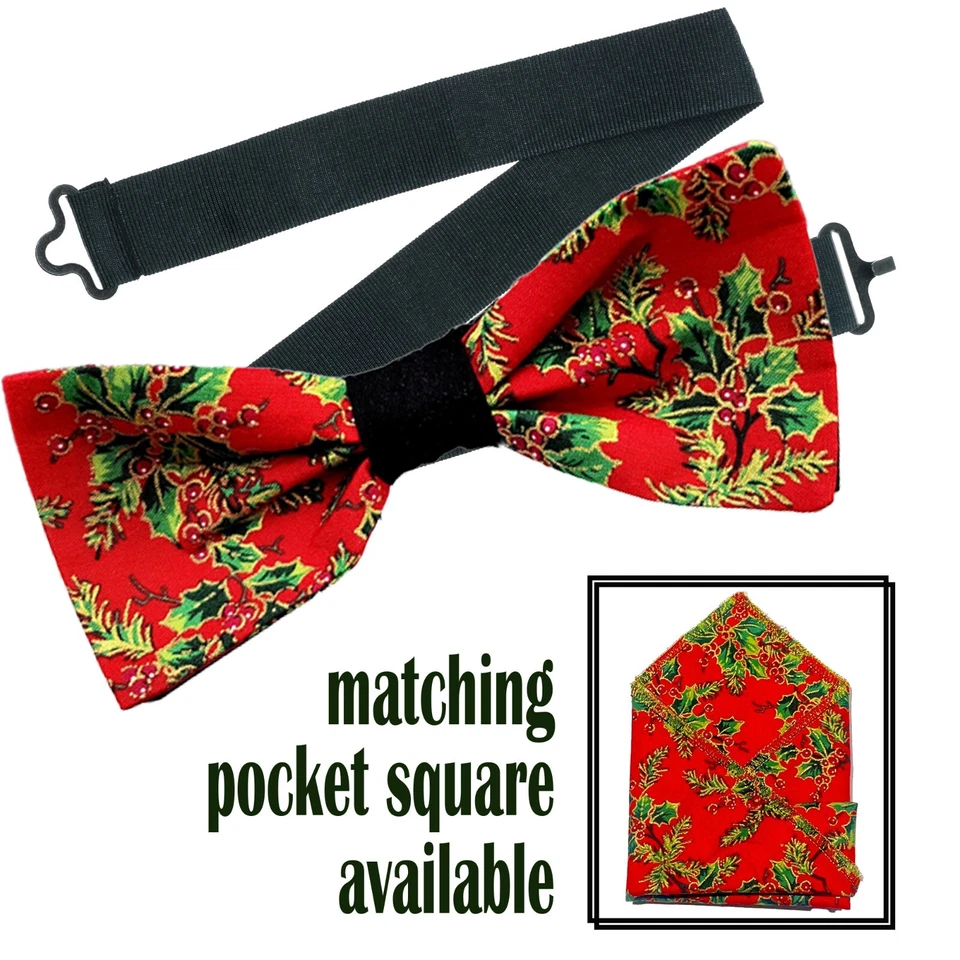 Gravata borboleta azevinho e baga bolso quadrado algodão casamento formatura festa de Natal ano novo - Imagem 1 de 1