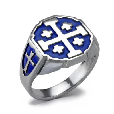 Sterling Silver Jerusalem Cross Personalized Color Enamel Octagon Signet Ring - Image 1 of 4