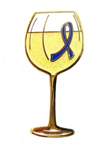 Colon Cancer Awareness Lapel Pin Wine Glass Tasting Fund Raising Blue Ribbon  - Picture 1 of 7