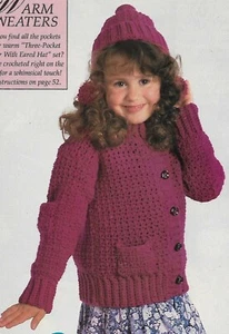 Girl's 3-Pocket Sweater with Eared Hat crochet PATTERN INSTRUCTIONS - Picture 1 of 1