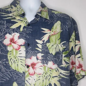 Camisa Cubavera Para Hombre 2X Azul Aloha Informal Hawaiana 56" Flores Ti Hojas Bolsillo - Imagen 1 de 7