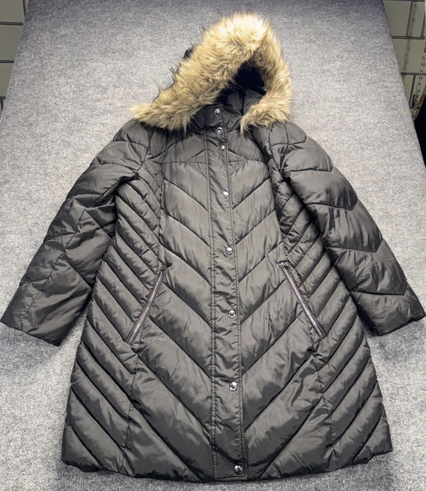 Abrigo Parka London Fog XL Negro Plumón Puffer Piel Sintética Capucha Extraíble Foto 1 de 4