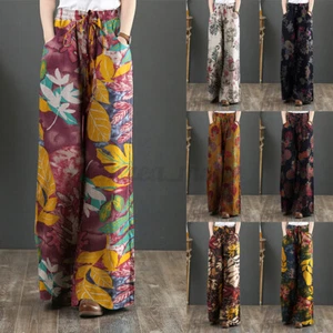 Womens Elastic Waist Long Trousers Floral Printed Wide Leg Baggy Pants Plus Size - Picture 1 of 25