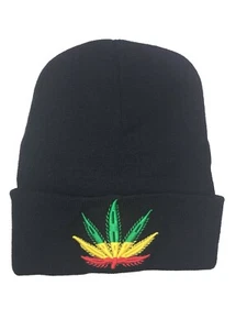 Pot Weed Marijuana Yellow Green Red Embroidered Beanie Stocking Watch Cap Hat - Picture 1 of 2