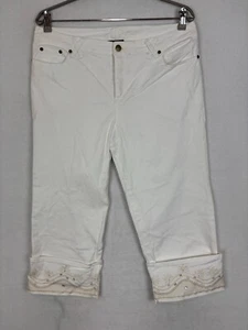 Rockmans Womens Pants Sz 16 Fold Cuffed Jeweled Embroidery High Rise Capri Crop - Picture 1 of 11