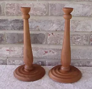 Vintage Wood Candlestick Holders (2) 11 1/2" Tall Felt Bottoms Medium Stain - Picture 1 of 9