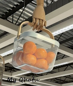 IKEA RISATORP Wire Basket Blue, Wood Handle Fruit Vegetable Bowl 9 ¾ x10 ¼ x7 " - Picture 1 of 9