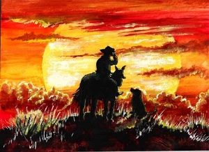 Cavallo e cane cowboy al tramonto, stampa arte tramonto, stampa arte occidentale, cowboy - Foto 1 di 1