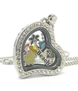 ORIGAMI-STYLE BEACH Palm Tree Sun Floating Charm Heart Locket 23 " Necklace - Picture 1 of 1