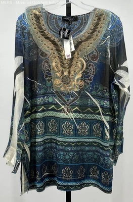 Blusa túnica camisa estampado floral adornada corazón azul Avenida para mujer 1X Foto 1 de 4