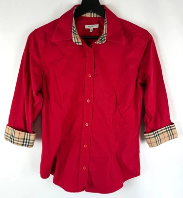 Blusa Burberry Roja Beige Borde a Cuadros Botón Frontal Manga 3/4 Cuello Pequeña S Foto 1 de 4