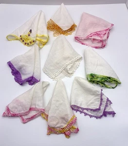 Vintage Ladies White Hankies Handkerchiefs Lot Of 9 Multi Colored Crocheted Trim - Picture 1 of 7