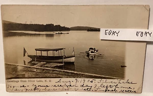 1905 LAGO ARGENTO NH BELLA BANDIERA LANCIO BARCA A REMI + OMBRELLO FOTO REALE RPPC CARTOLINA - Foto 1 di 2