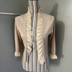 Remain Beige 3/4 Sleeve Ruffle Open Cardigan Sequin Beaded Crop Wool Sweater XS - Picture 1 of 12