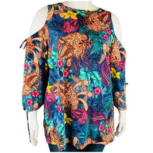 Slinky Brand Sz Size 2X Plus Blouse Floral Cold Shoulder Tie Sleeve Stretch - Picture 1 of 7