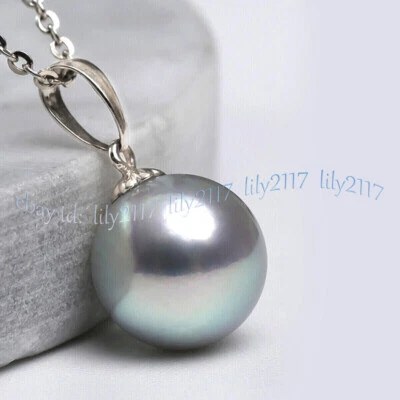 AAA Perfecta Redonda Plata Gris Akoya Perla Natural Real 14K Colgante Cadena Plata Foto 1 de 4