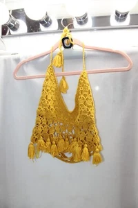 Vintage Sexy Yellow Retro and Groovy Y2k Flower Crochet Halter Top Tassels (S) - Picture 1 of 3