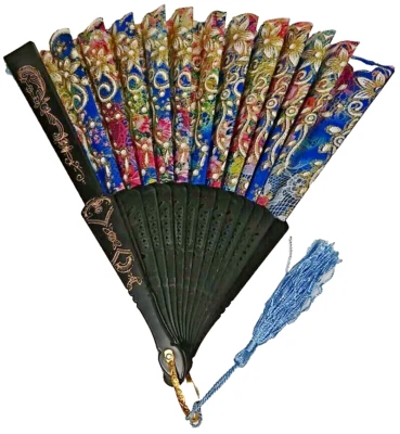 Hand Held Folding Fabric Floral Flowers Foldable Fan Lace Blue Red Gold Oriental - Image 1 of 4