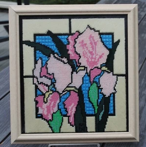 Finished Needlepoint Stained Tiffany Glass Double Iris Irises Flower Framed - Picture 1 of 5