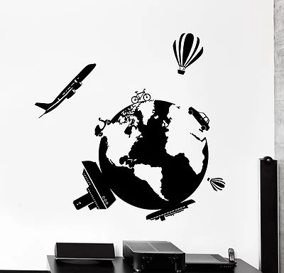 Wall Vinyl Decal Travel World Map Air Balloon Ship Airplane Interior Decor z4021 - Image 1 of 3