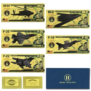 5pcs US Military Gold Foil Banknotes in Envelope: F-35, F-16, AH-64, F-22, B2 - Picture 1 of 8