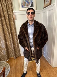 NEW! 34" Long Mens Real Natural Mink Tails Brown Fur Coat Jacket Size 42R Medium - Picture 1 of 9