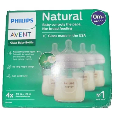 飞利浦天然玻璃婴儿奶瓶带自然反应奶嘴,慢流量,4-8盎司 — 第 1/3 张图片