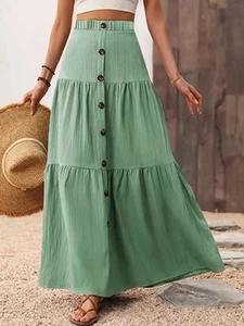 Green Front Buttons Long Skirt High Waist Ruffle Hem XL US Size 12 New - Picture 1 of 2