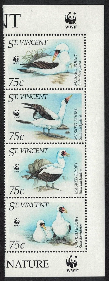 St. Vincent Birds WWF Masked Booby Strip of 4v WWF Logo 1995 MNH - Imagem 1 de 1