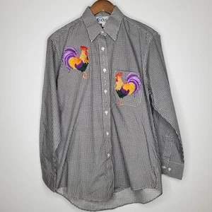 Las Olas Womens Rooster Embroidered Gingham Button Front Blouse Size S Country - Picture 1 of 10