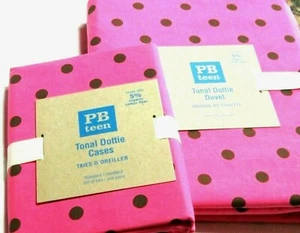 Pottery Barn Teen Dottie Twin Duvet Cover + 2 Pillow Cases Pink Brown Dot NIP  - Picture 1 of 2
