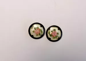 Pair of antique Silver 925 Sterling and enamel buttons black white with roses - Picture 1 of 5