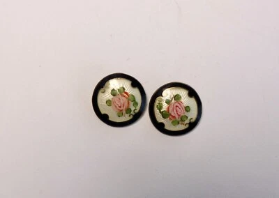 Pair of antique Silver 925 Sterling and enamel buttons black white with roses - Image 1 of 4