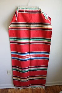 Vtg Mexican Serape Thin Rug Wall Hanging Woven 100% Cotton Red Multicolor FAT - Picture 1 of 6
