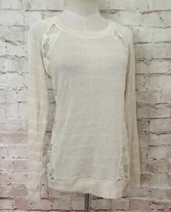 Pink Rose Juniors Ivory Knit Top Lace Back Baseball Tee Long Sleeve Size L NEW - Picture 1 of 6