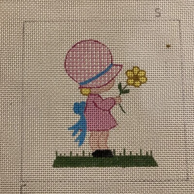 Creative Needle(?) Vintage 70’s Girl In Pink Bonnet Dress Needlepoint Canvas 6” - Image 1 of 4