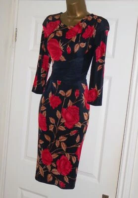 Phase Eight stretch black red rose print pencil wiggle evening party dress sz 14 - Image 1 of 3