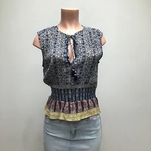 Raga Navy Blue Round Tie Neck Front Pullover Sleeveless Smocked Waist Blouse M - Picture 1 of 6