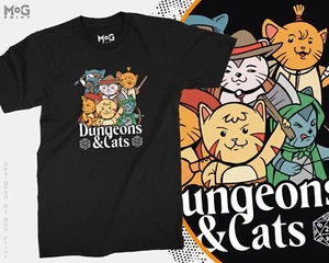 Dungeon and Cats Printed T-shirt D&D Funny Gaming Tee Adults Kids Gamer Gifts - Picture 1 of 8