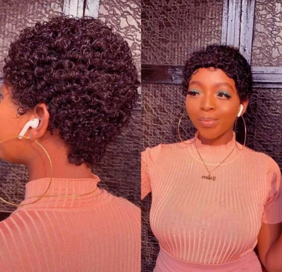 ATOZWIG Women Short Human Hair Wigs Black Pixie Cut Afro Kinky Curly Wigs Sexy Afro Wigs